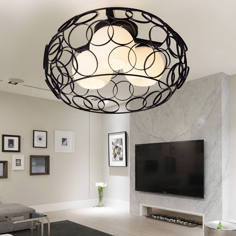 Drum ijzeren kooi inbouw plafondlamp met glazen bolkap Scandinavisch wit/zwart eetkamer plafondlamp