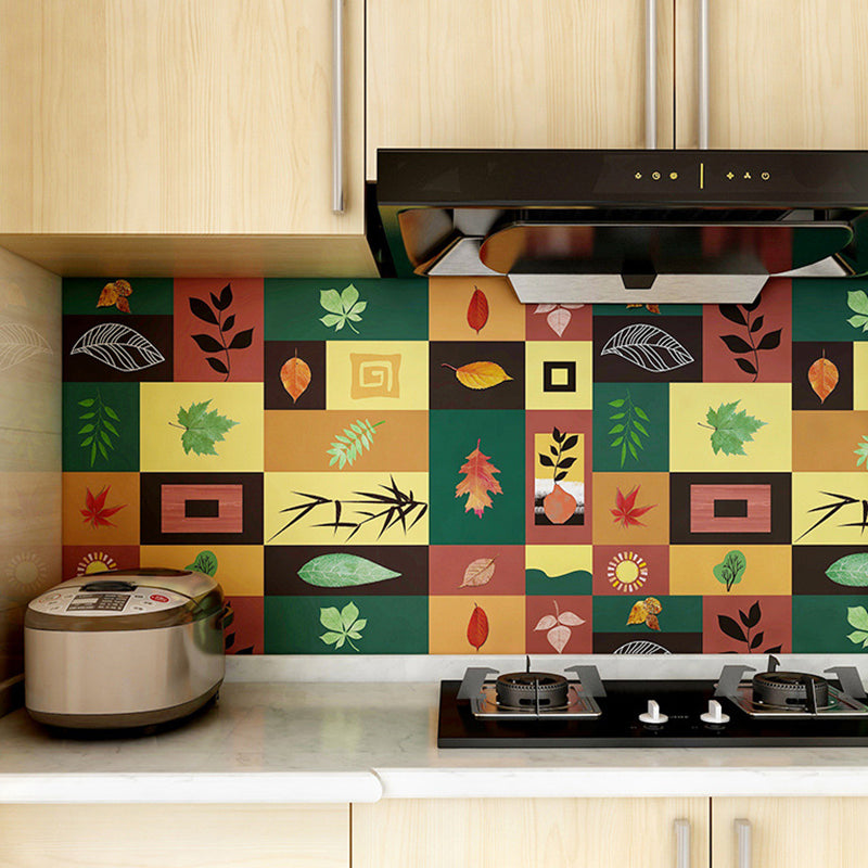 Leaf Print Wallpaper Panels Multicolored PVC Wall Covering, Peel and Paste, 3.5' x 23.5"