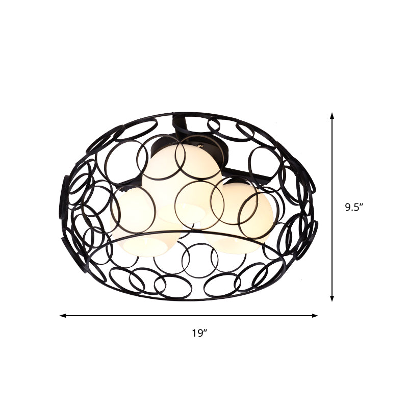 Drum ijzeren kooi inbouw plafondlamp met glazen bolkap Scandinavisch wit/zwart eetkamer plafondlamp