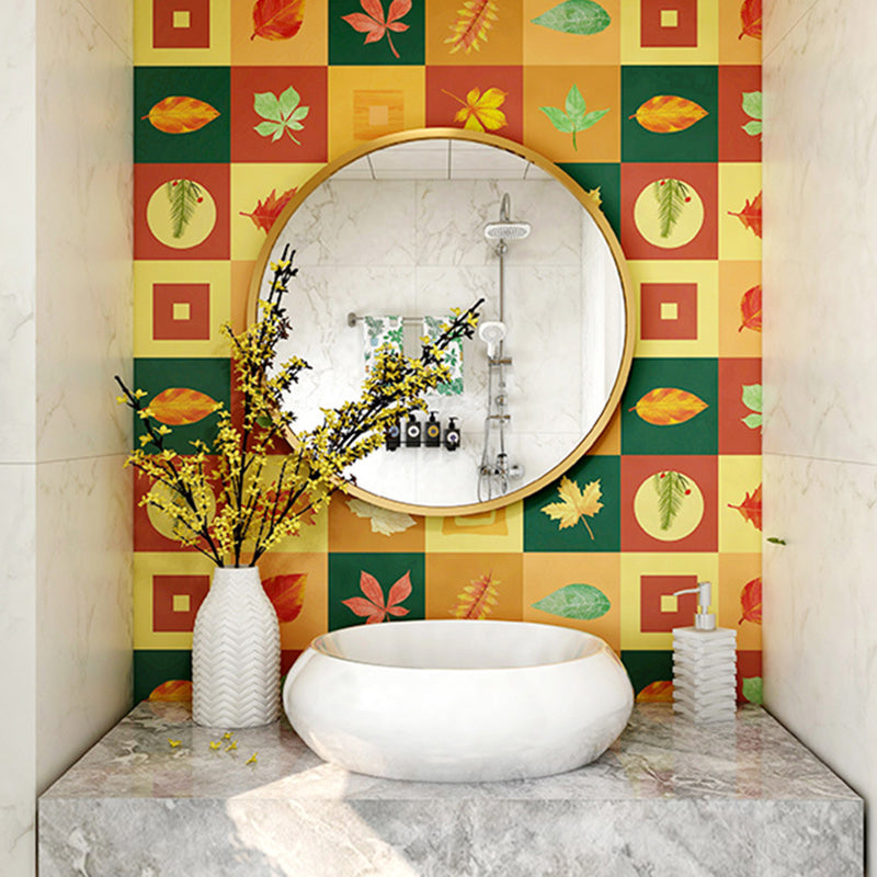 Leaf Print Wallpaper Panels Multicolored PVC Wall Covering, Peel and Paste, 3.5' x 23.5"