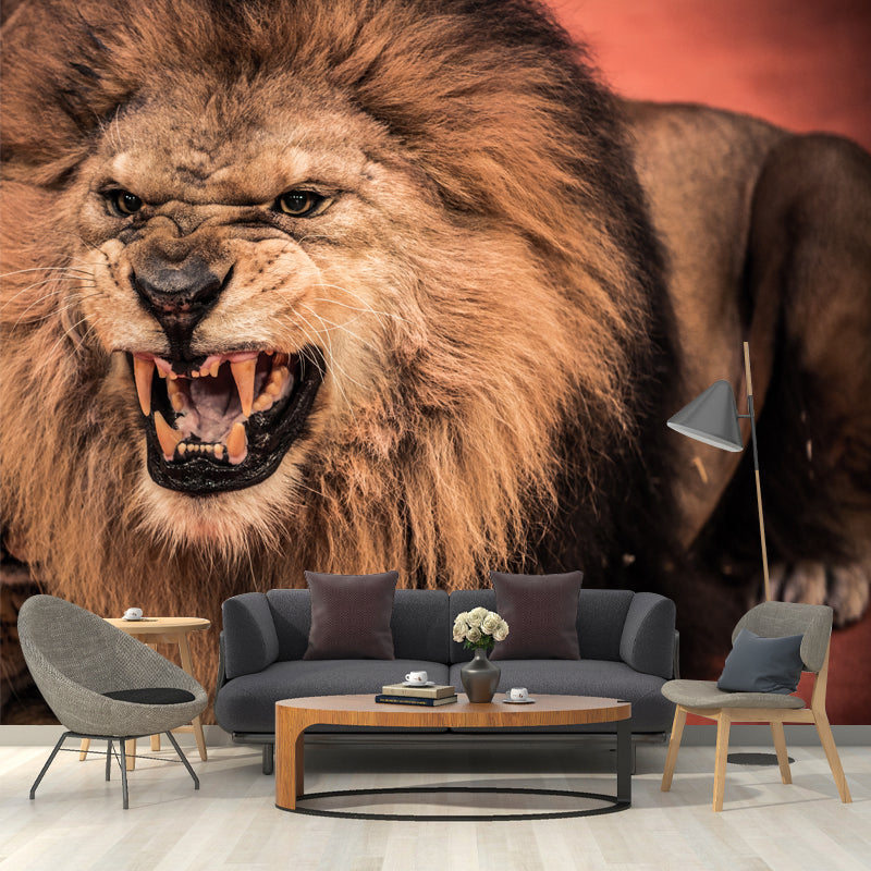 Photography Lion Roaring Mural Wallpaper for Bedroom, Brown, Personalized Size Available