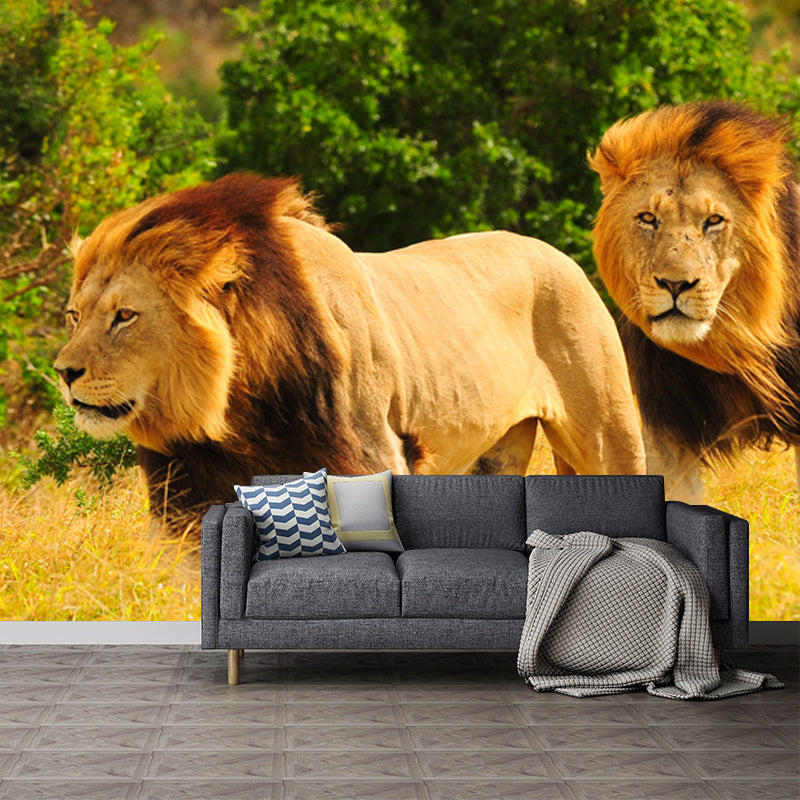 Yellow Lion Mural Wallpaper Moisture Resistant Modern Bedroom Wall Decor, Custom Size