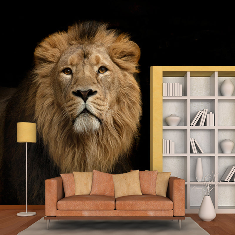 Cool Lion in Darkness Mural Wallpaper for Living Room, Brown, Custom Size Available