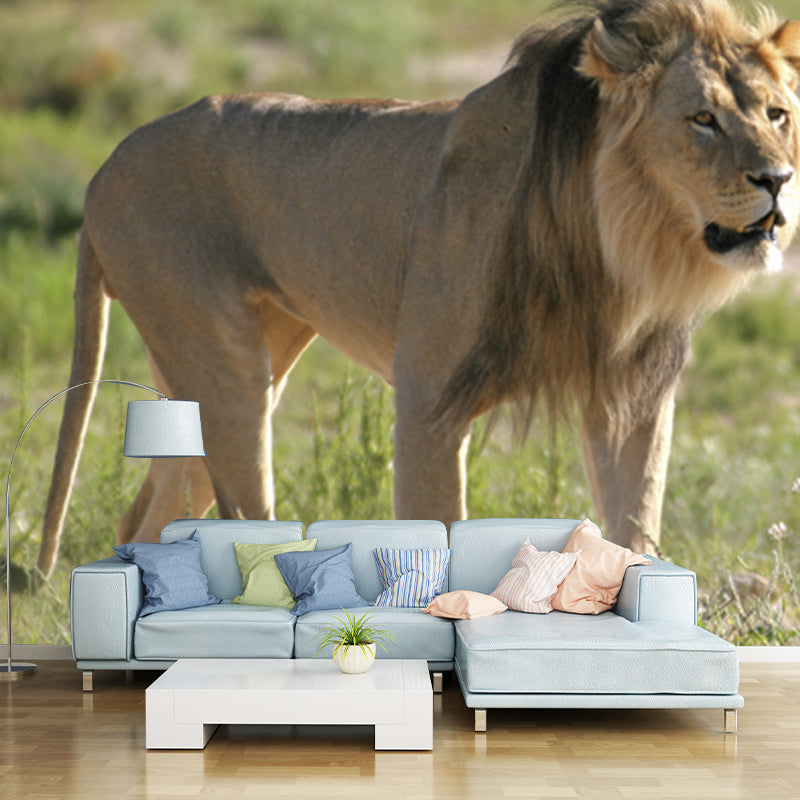 Green Modern Wall Paper Mural Big Lion Walking Wall Decor for Bedroom, Non-Woven