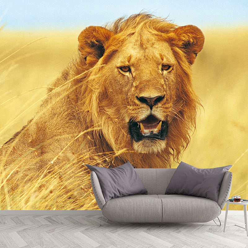 Non-Woven Washable Mural Contemporary Lion Pattern Wall Decoration in Yellow for Home