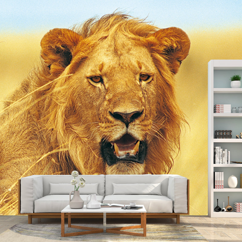 Non-Woven Washable Mural Contemporary Lion Pattern Wall Decoration in Yellow for Home