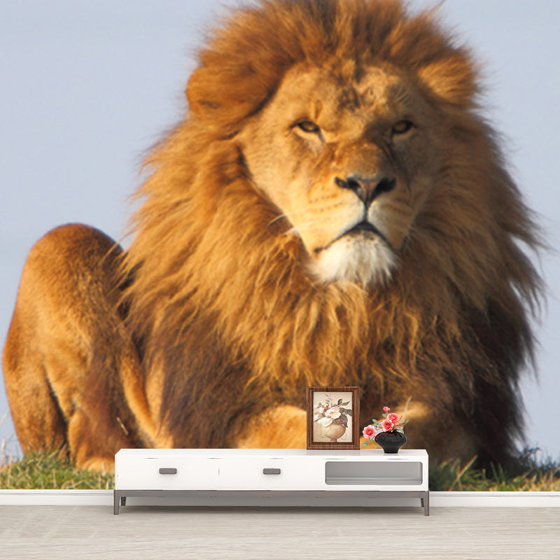 Contemporary Lion Wall Paper Mural Non-Woven Brown Washable Wall Art for Bedroom