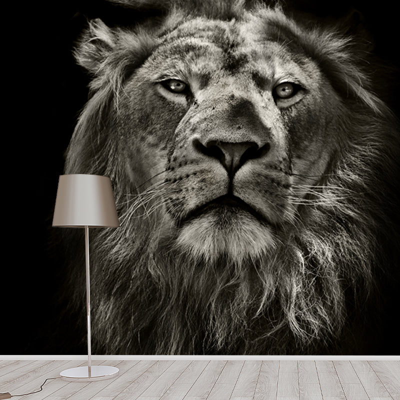 Full-Size Lion Face Mural Decal in Black Non-Woven Material Wall Covering, Washable, Custom Size