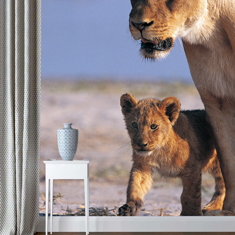 Big Modern Wall Paper Mural Brown Lion Cub with Its Mother Wall Art, Made to Measure