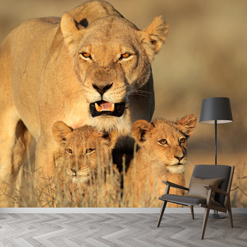 Lion with Its Kids Mural in Brown Modern Style Wall Decor for Living Room, Size Optional