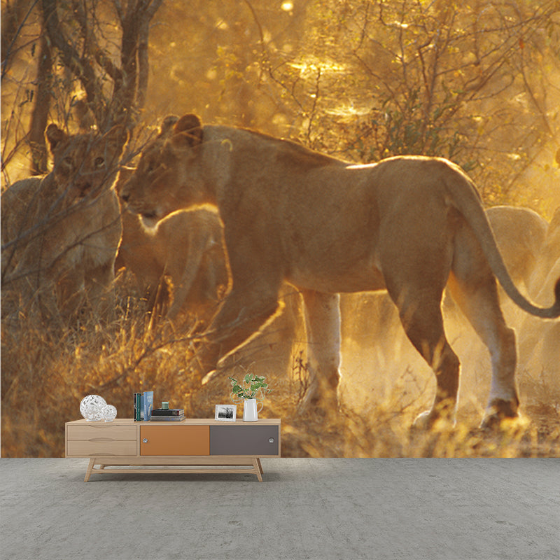 Custom Photography Modern Mural Decal with Lions in Sunset Forest Pattern in Brown