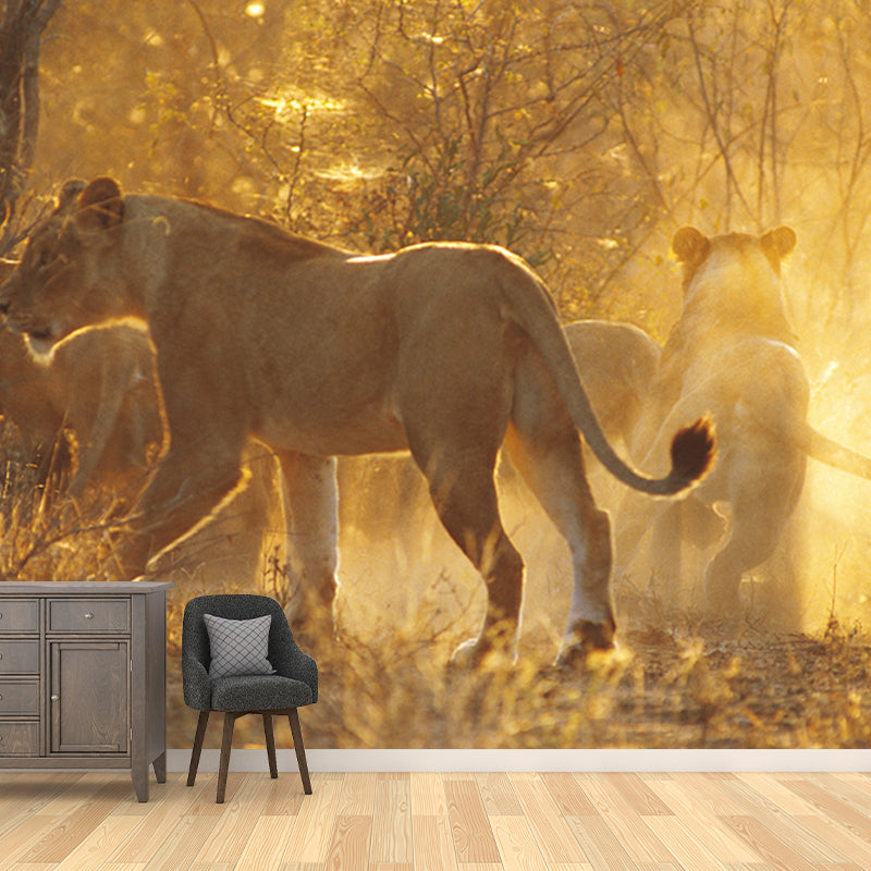 Custom Photography Modern Mural Decal with Lions in Sunset Forest Pattern in Brown