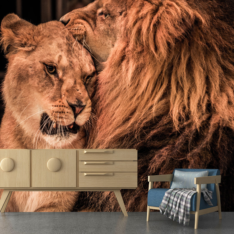 Contemporary Lions in Cage Mural Brown Stain Resistant Wall Decor for Living Room