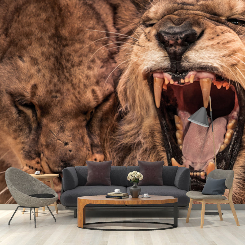 Waterproof Furious Lion Roaring Mural Modern Non-Woven Fabric Wall Covering, Custom Made