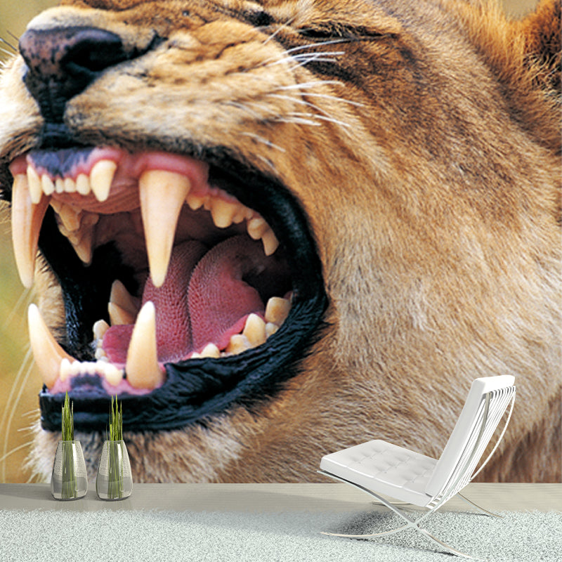 Modern Animal Close-Up Mural Brown Roaring Lion Wall Art for Bedroom, Custom Made
