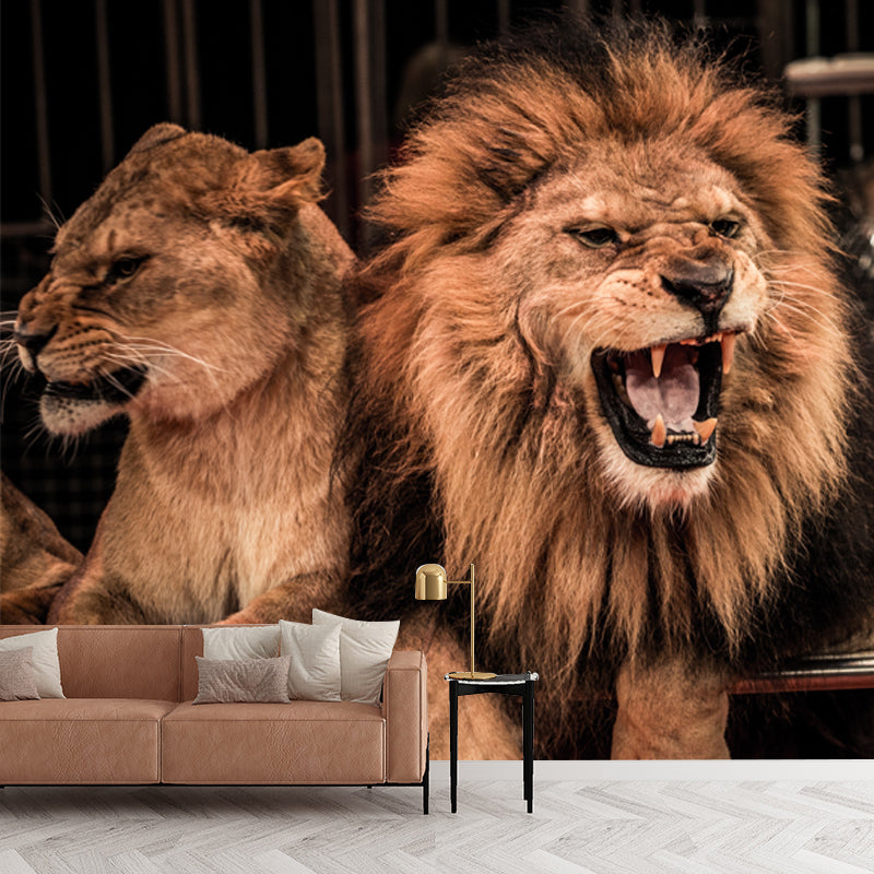 Modern Circus Lions Roaring Mural Brown Living Room Wall Decoration, Made to Measure
