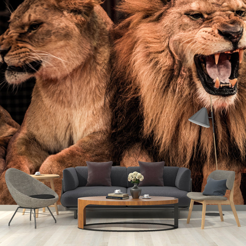 Modern Circus Lions Roaring Mural Brown Living Room Wall Decoration, Made to Measure