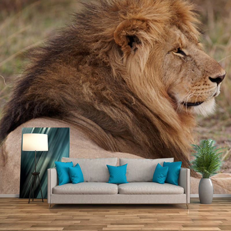 Lion Lies in Savanna Mural Brown Modern Wall Art for Bedroom, Customized Size Available