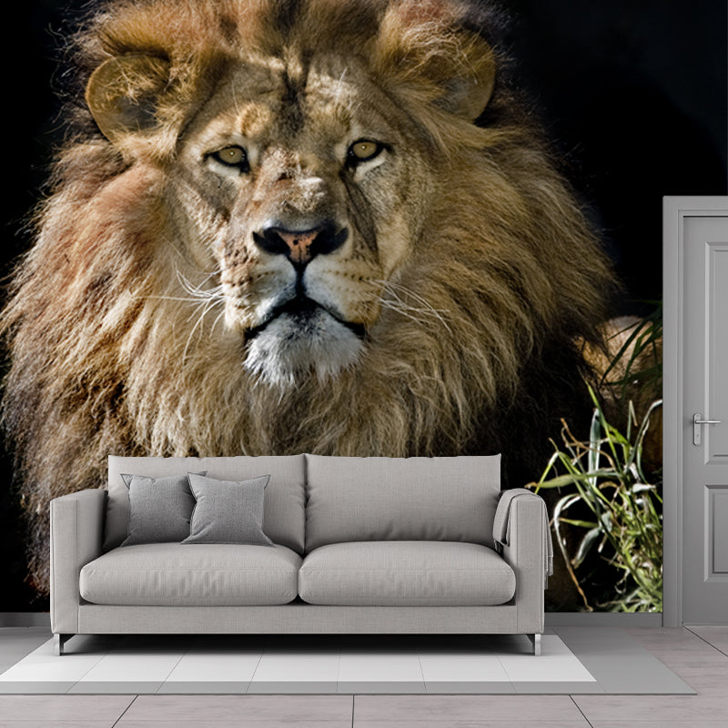 Modernist Lion Wall Mural Decal Non-Woven Waterproof Brown Wall Art for Living Room