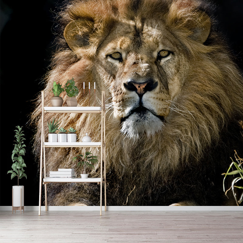 Modernist Lion Wall Mural Decal Non-Woven Waterproof Brown Wall Art for Living Room