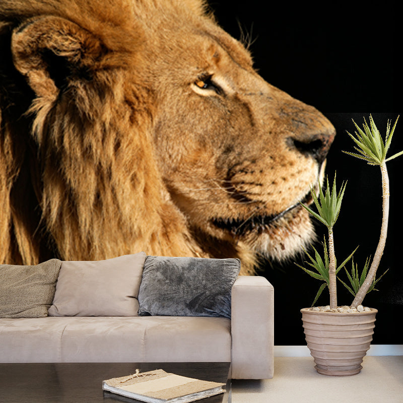 Brown Lion Side-Face Mural Wallpaper Water Resistant Wall Decor for Bedroom, Optional Size