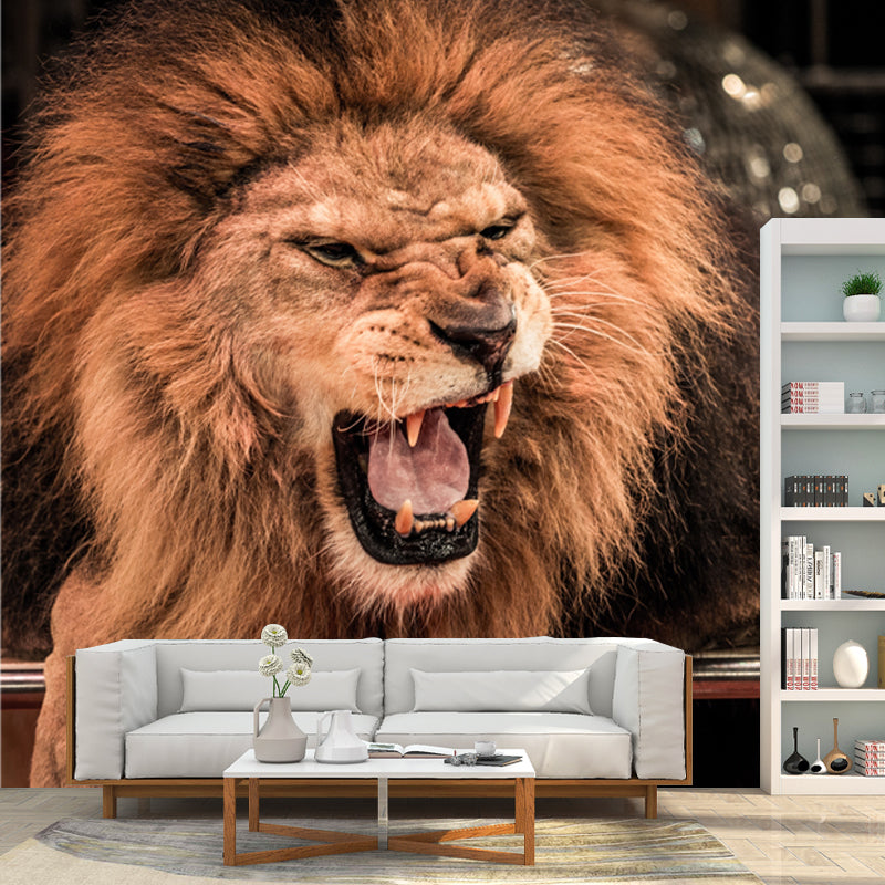Stain Resistant Roaring Lion Mural Modern Non-Woven Wall Art in Brown, Custom Print