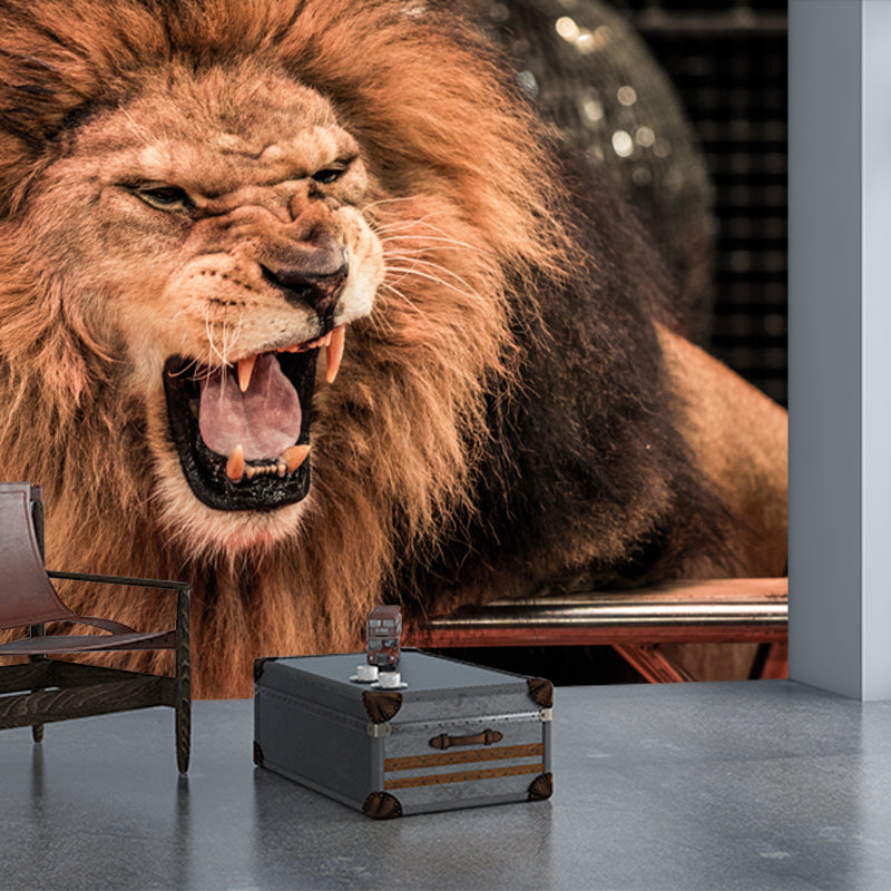 Stain Resistant Roaring Lion Mural Modern Non-Woven Wall Art in Brown, Custom Print
