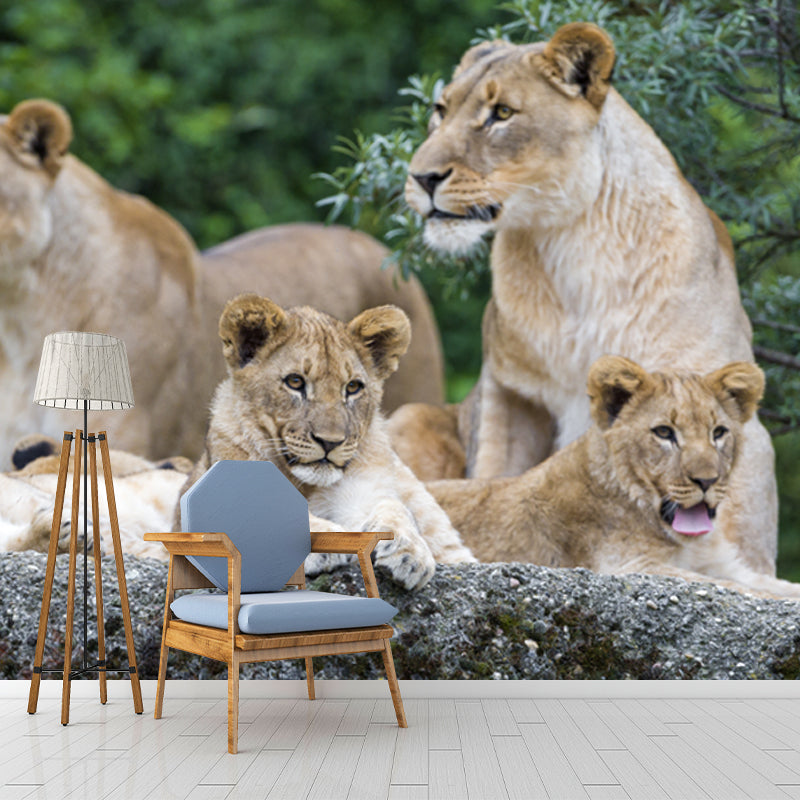 Contemporary Lion Family Wallpaper Mural for Bedroom Custom Wall Decoration in Brown