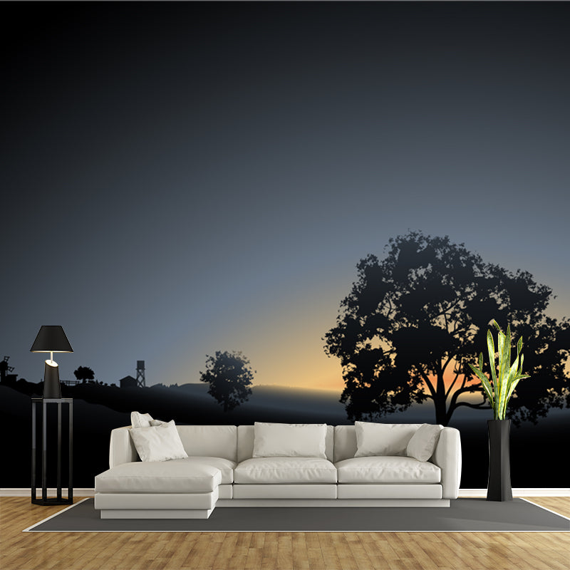 Dark Grey Dawn Scenery Mural Moisture Resistant Contemporary Living Room Wall Art