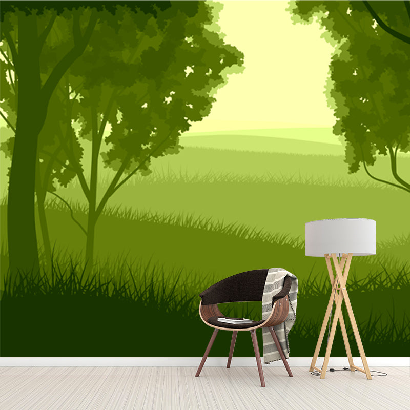 Modern Meadow and Forest Mural for Bedroom Custom Size Wall Art in Green, Non-Woven