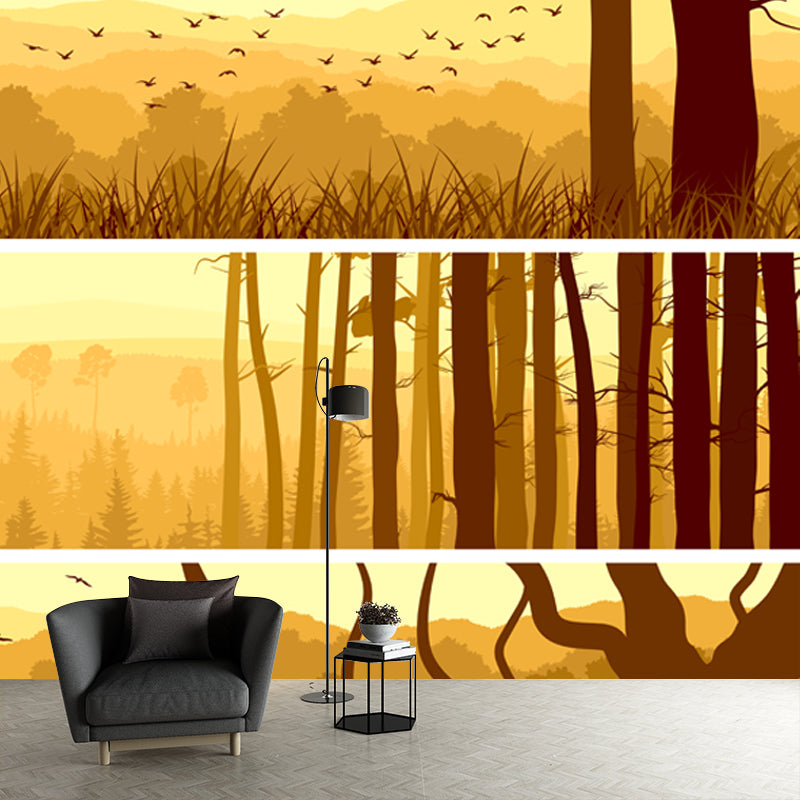 Smooth Big Yellow Mural Decal Modern Style Sunset Forest Wall Decoration, Custom Printed