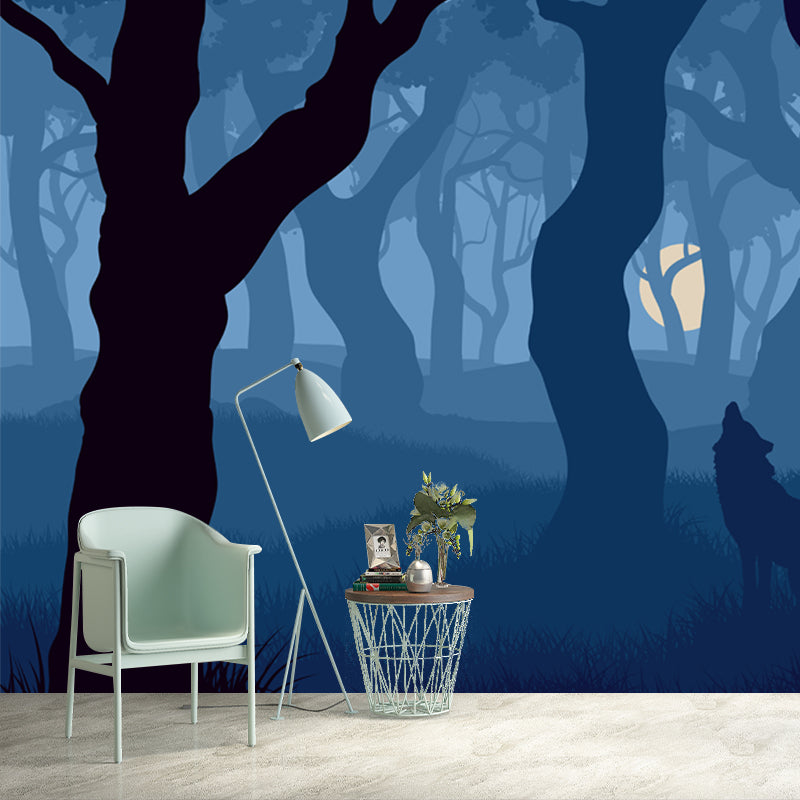Blue Modern Mural Wallpaper Large Wolf Howling in Night Foggy Forest Wall Decor for Home
