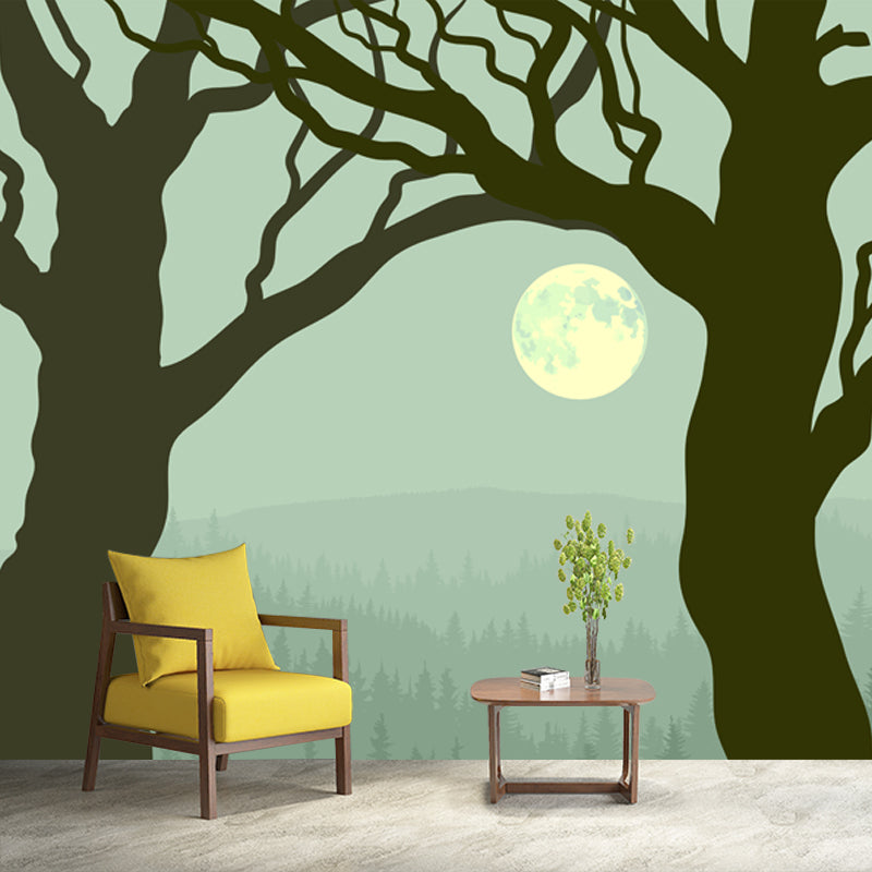 Large Moon Night Mural Wallpaper Turquoise Non-Woven Wall Art, Waterproof, Custom Made