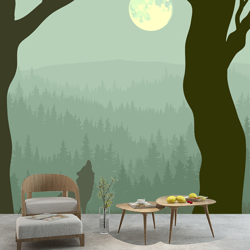 Large Moon Night Mural Wallpaper Turquoise Non-Woven Wall Art, Waterproof, Custom Made