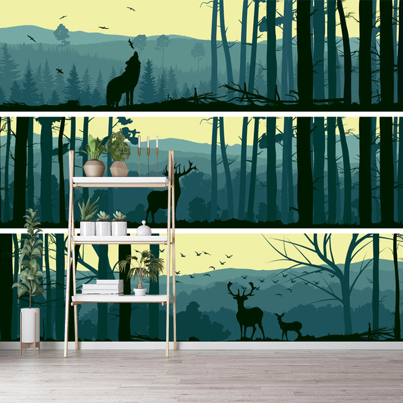 Aqua Forest Scenery Mural Decal Animal Modern Moisture Resistant Wall Art for Home