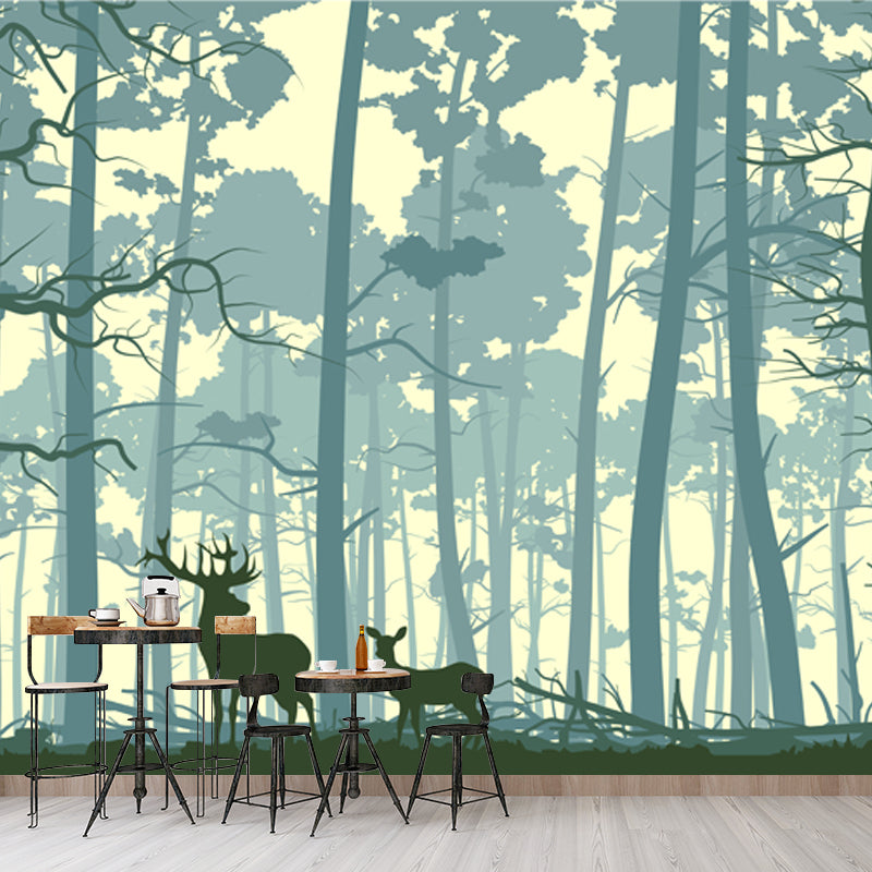 Nordic Forest Deer Silhouette Mural Blue Stain Resistant Wall Covering for Bedroom