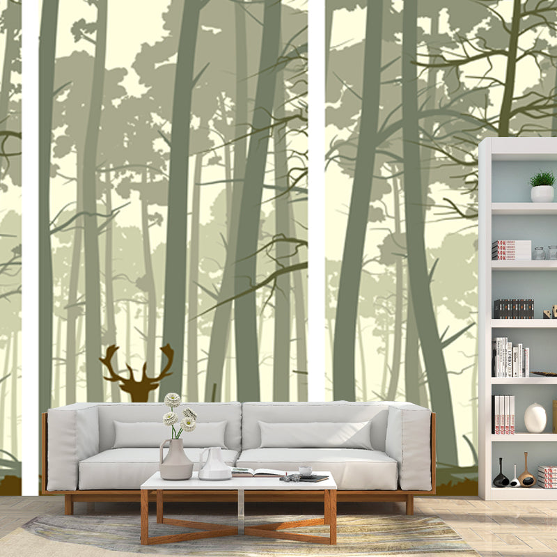 Contemporary Dusk Forest Deer Mural for Living Room Personalized Wall Art in Beige