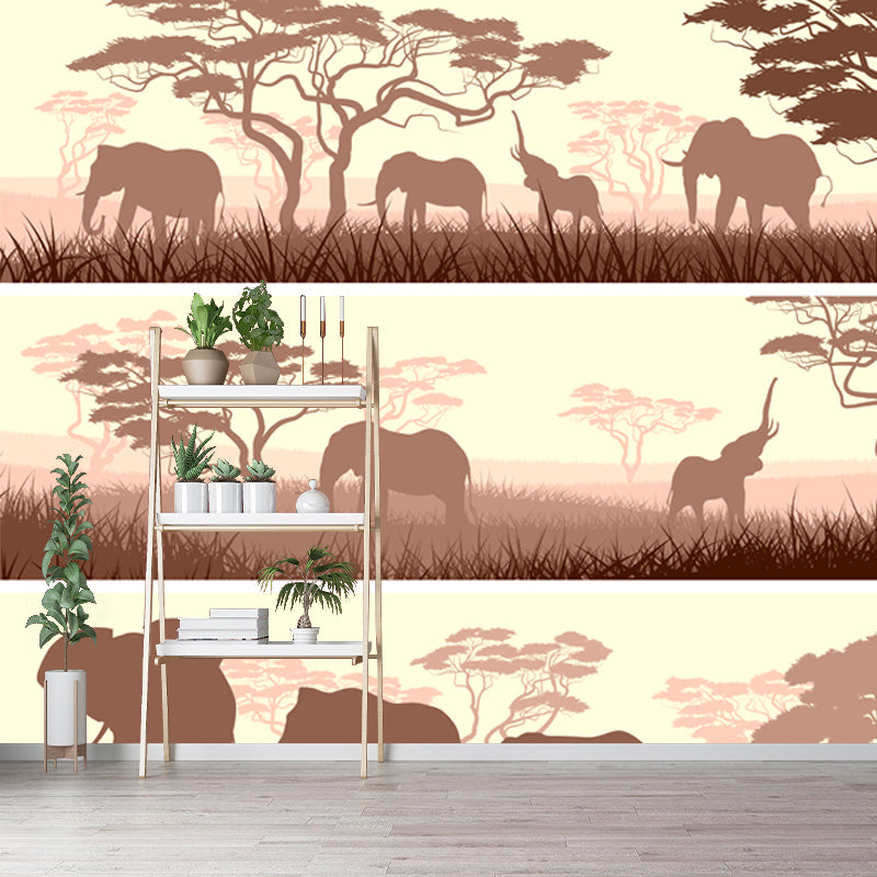 African Savanna Elephant Mural Wallpaper Tropical Non-Woven Wall Decor in Light Brown