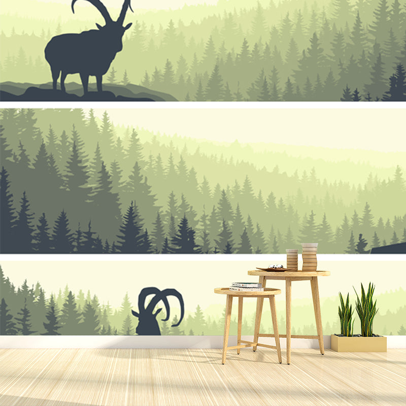 Big Modern Style Mural Light-Green Goat in Sunset Forest Scenery Wall Covering, Custom Size