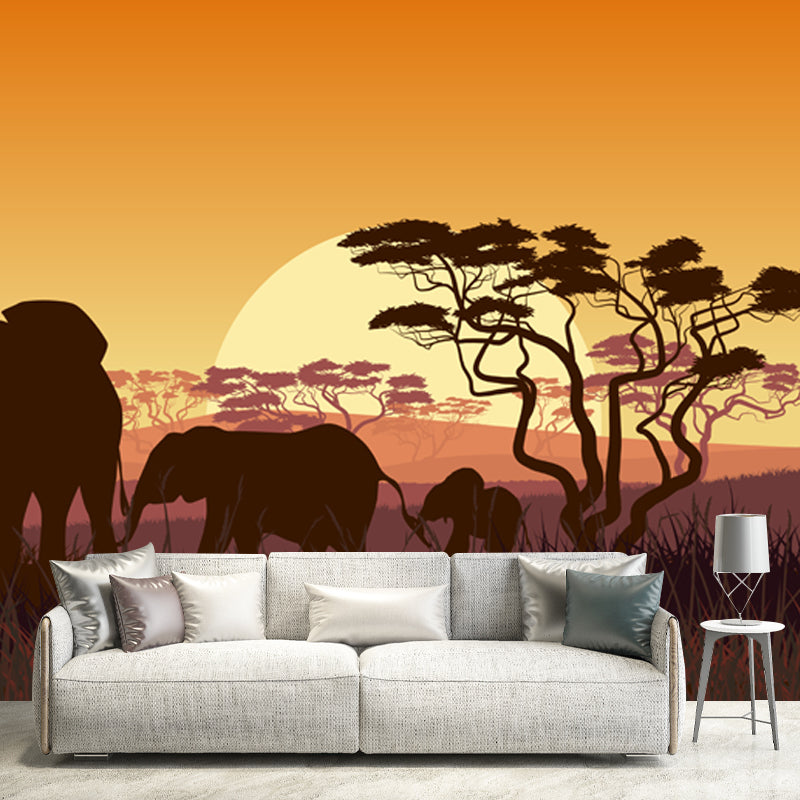 Tropix Night Landscape Mural Yellow Savannas Elephant with Rising Super Moon Wall Decor