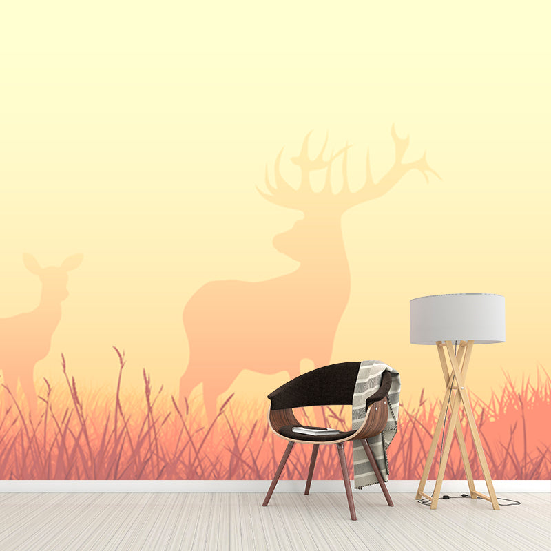 Deers in Foggy Meadow Mural Wallpaper Beige Nordic Wall Art for Living Room, Size Optional