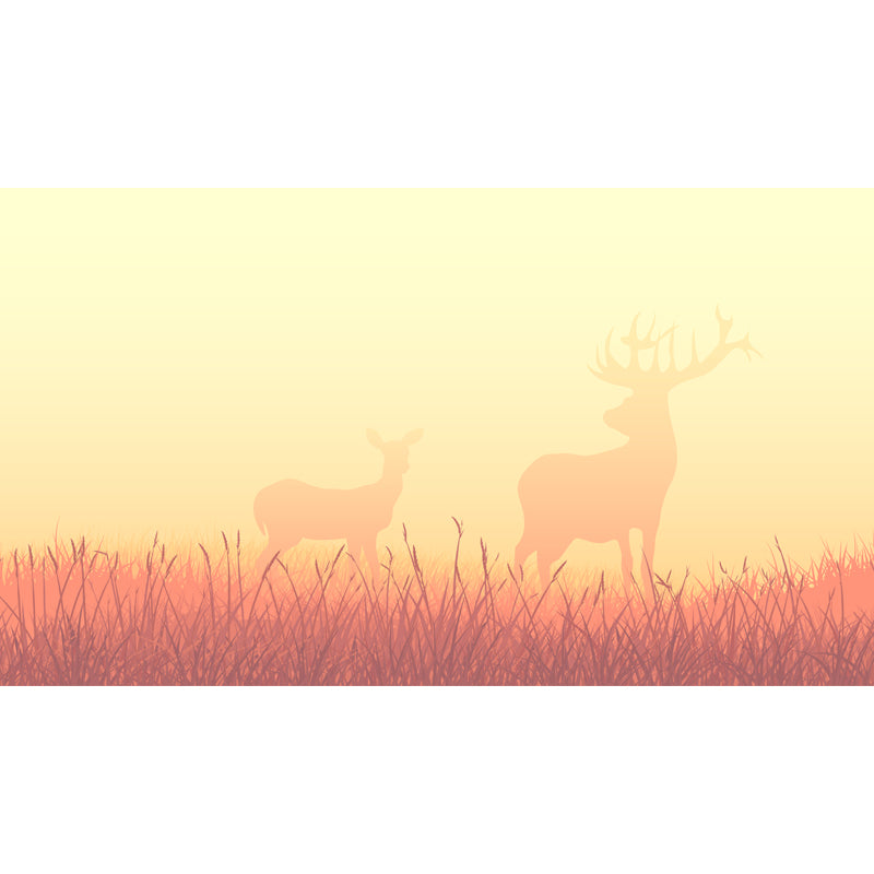 Deers in Foggy Meadow Mural Wallpaper Beige Nordic Wall Art for Living Room, Size Optional