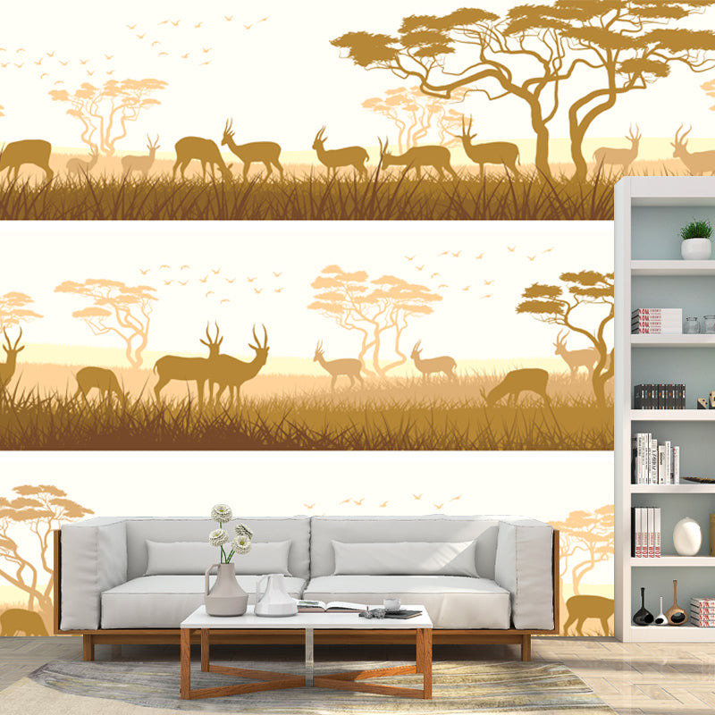 Savanna Goats Feeding Scene Mural Light-Yellow Tropical Wall Covering for Living Room