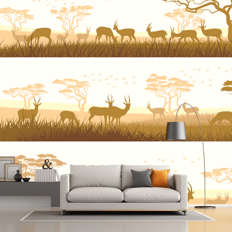 Savanna Goats Feeding Scene Mural Light-Yellow Tropical Wall Covering for Living Room