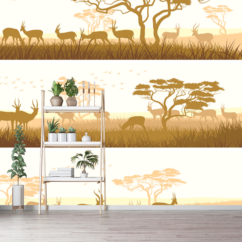 Savanna Goats Feeding Scene Mural Light-Yellow Tropical Wall Covering for Living Room