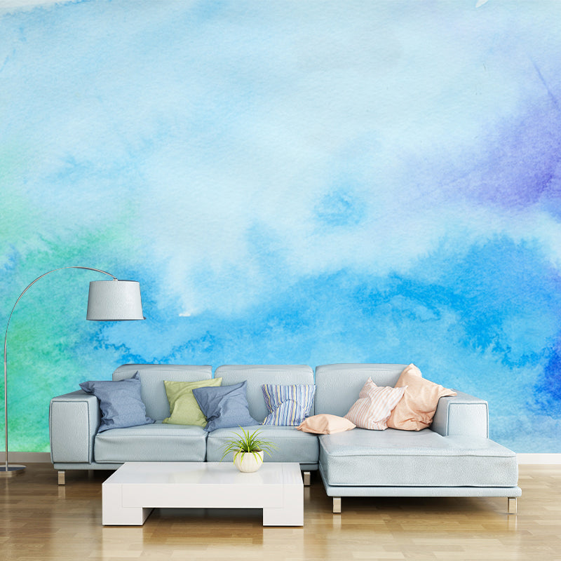 Blue Watercolor Mural Wallpaper Moisture Resistant Modern Bedroom Wall Art, Custom Size