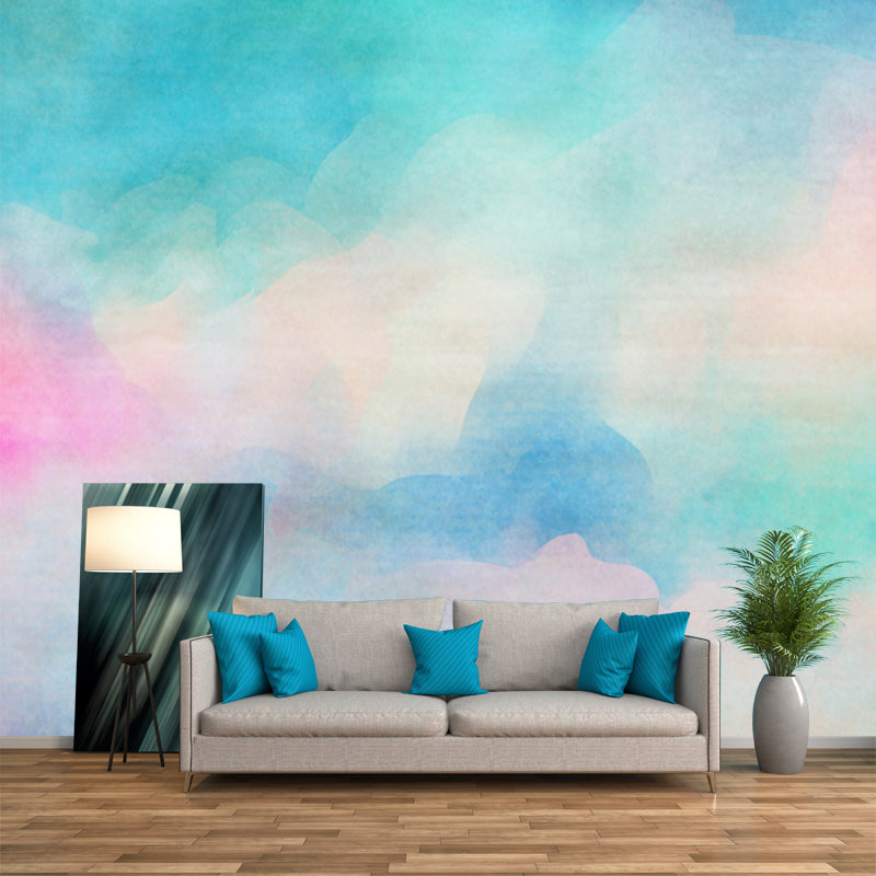 Künstlerische Regenbogen-Wandtapete, hellblaue Aquarell-Wanddekoration für Kinderzimmer
