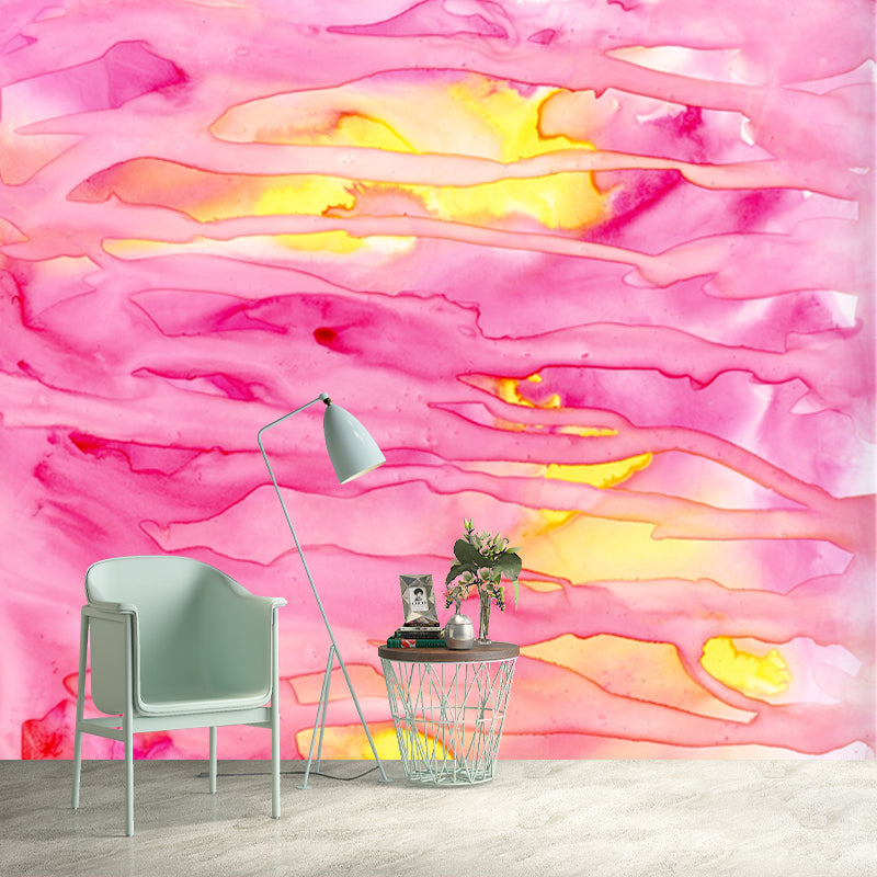 Pink Modern Art Mural Decal Big Moon Reflection on Water Wall Covering for Accent Wall