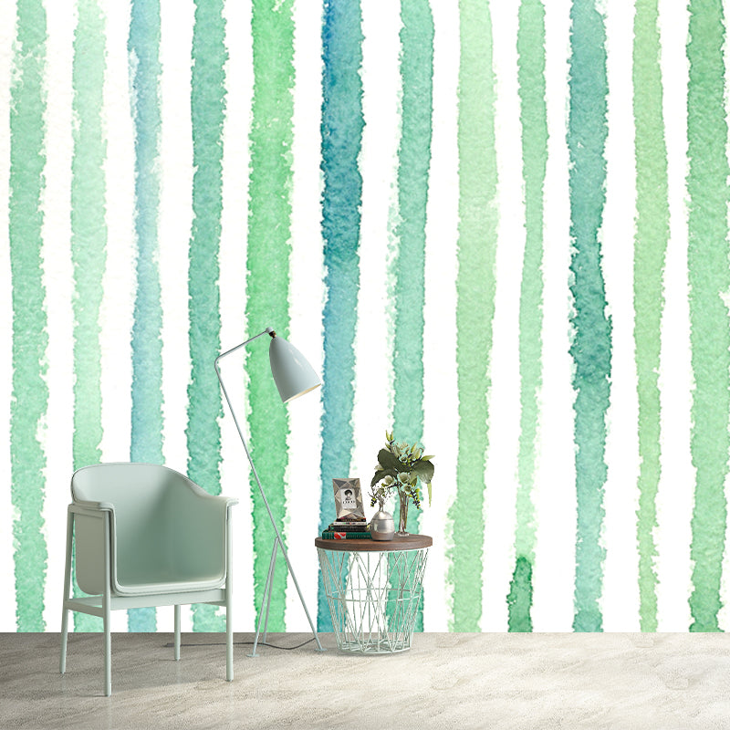 Green Watercolor Striped Mural Wallpaper Moisture Resistant Wall Art for Living Room