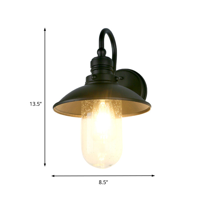 One Bulb Wall Sconce Lighting Cone/Flared Shade Bubbled/Opal Glass Industrial Entry Light Fixture in Black